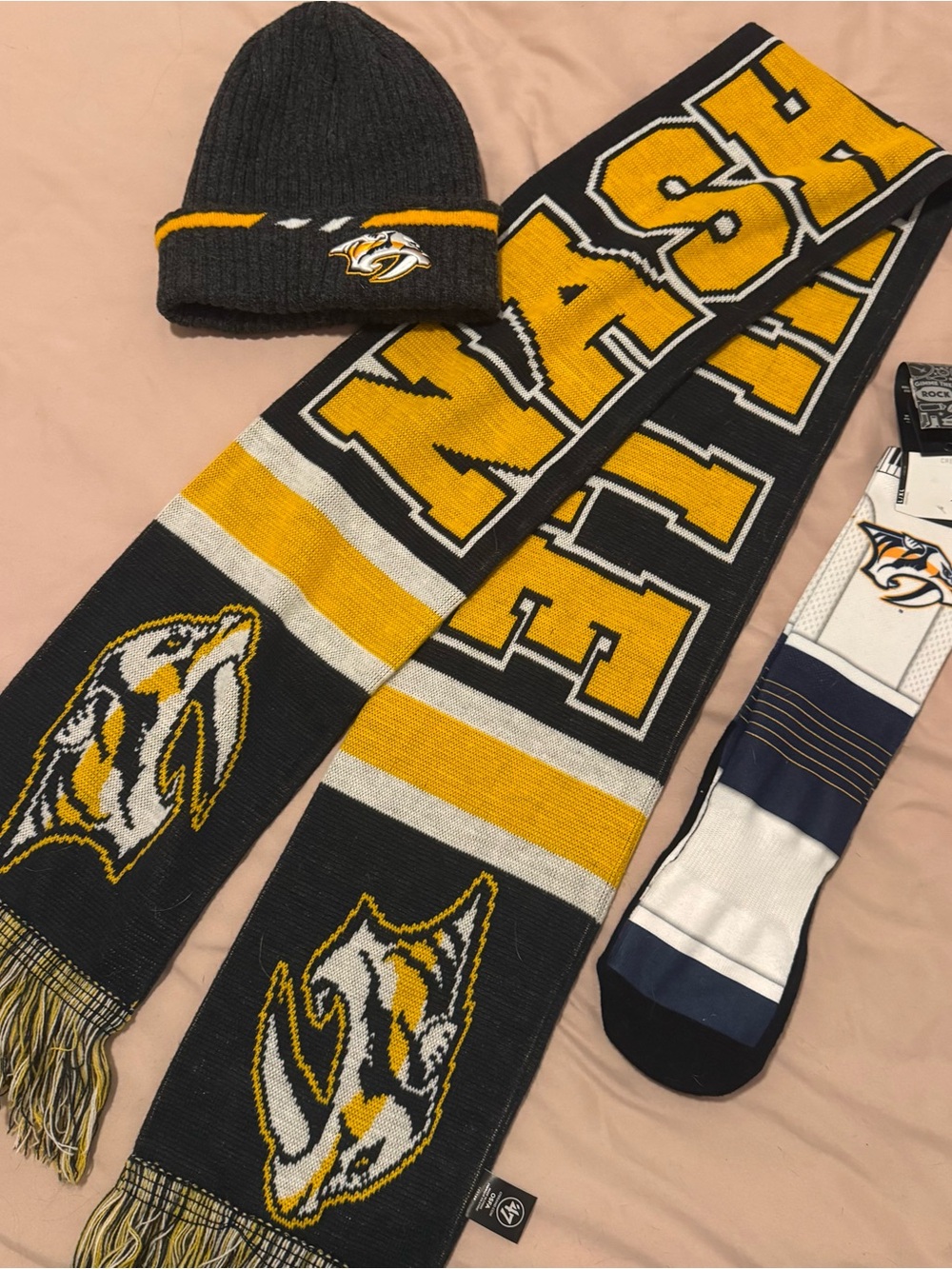 Nashville Predators Black & Gold Knit Beanie and Scarf and Sock Set